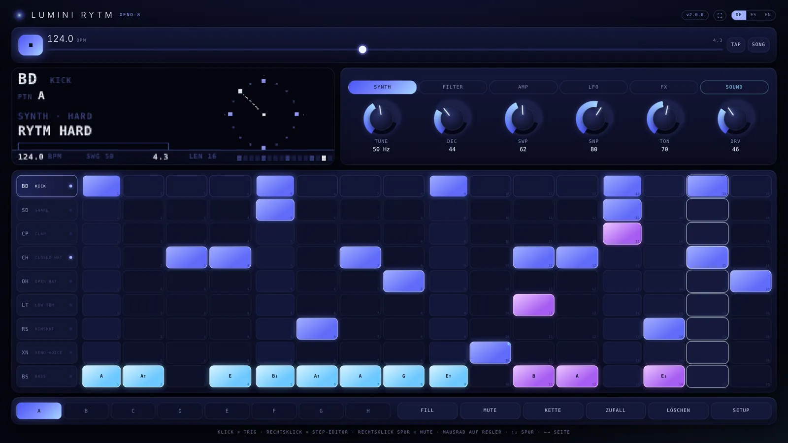 LUMINI RYTM — 9 Spuren, Matrix, Display und Regler